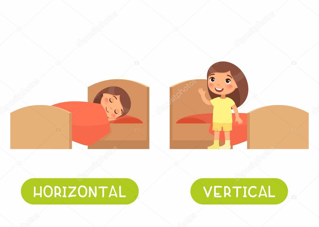 Opposites concept, HORIZONTAL and VERTICAL. Word card for language learning. Little girl is lying in bed, child is standing. Flashcard with antonyms for children vector template. Flat illustration with typography.