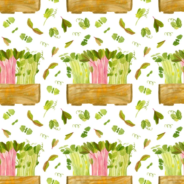 苗付きの木製の箱 季節のエンドウ豆 ビート バジル多色の作物 新鮮なマイクログリーン クレスサラダ 庭の季節 手描き水彩シームレスパターン 包装紙のデザイン スクラップブッキング — ストック写真