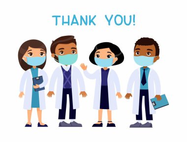 Tıbbi maskeli ve laboratuvar önlüklü uluslararası doktorlar. 