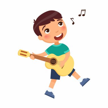 Gitar çalan ve düz vektör illüstrasyonunda şarkı söyleyen çocuk. Genç erkek çizgi film karakteri müzik aleti tutuyor ve dans ediyor. Yetenekli çocuk hobisi, beyaz arka planda izole edilmiş boş zaman.