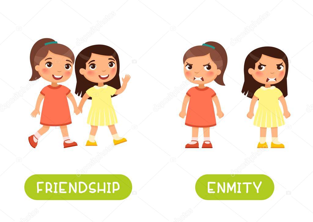 Two little girls quarrel and friends illustration with typography. Friendship and enmity antonyms flashcard vector template. Word card for english language learning with flat characters. Opposites concept. 