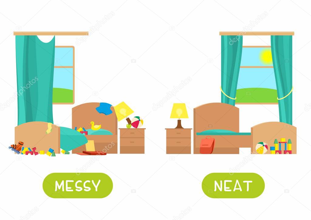 Concepto opuesto, desordenado y ordenado. Tarjeta de palabra infantil