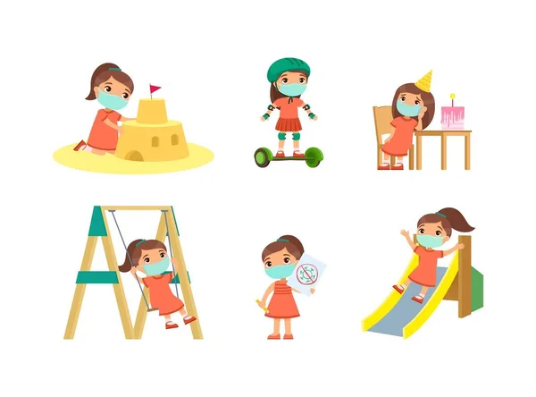 Little Girl Face Mask Plays Playground Concept Summer Entertainment Respiratory — Stock Vector