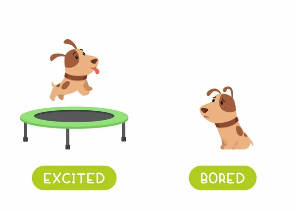 Puppy Jumping Triste Sentado Ilustração Com Tipografia Animado Entediado Antônimos —  Vetores de Stock