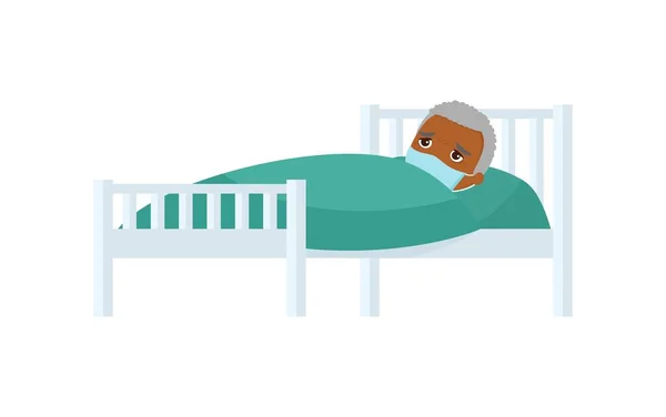 Άρρωστος Γέρος Αφρικανός Ιατρική Μάσκα Νοσοκομειακό Κρεβάτι Επίπεδη Διανυσματική Απεικόνιση — Διανυσματικό Αρχείο