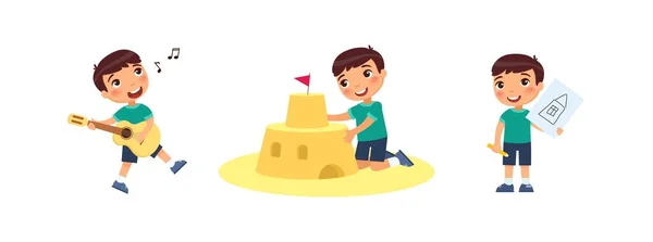 Piccolo Ragazzo Carino Costruisce Castello Sabbia Disegni Suona Chitarra Canta — Vettoriale Stock