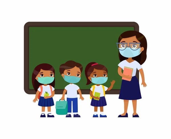 Yüzlerinde koruyucu maskeler olan Hintli bayan öğretmen ve öğrenciler. Okul üniforması giymiş erkekler ve kızlar ve karikatür karakterlerini gösteren kadın öğretmen. Solunum virüsü koruması, alerji konsepti.