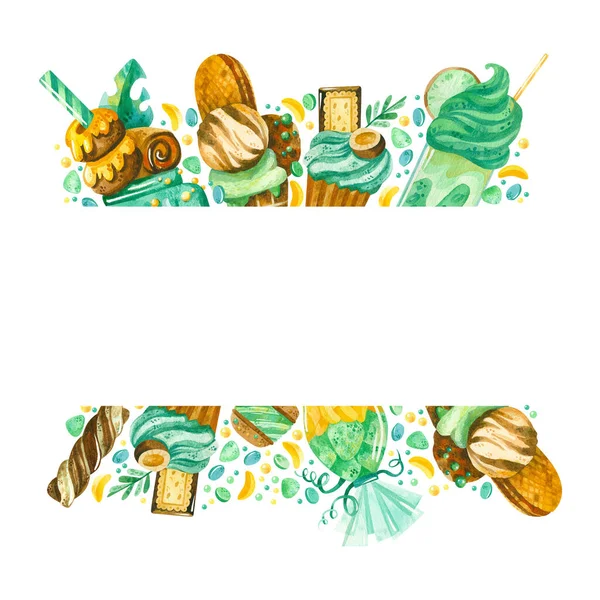 Pusta Ramka Słodyczami Ręcznie Rysowane Ilustracji Granica Cukiernia Akwarela Rysunek — Zdjęcie stockowe