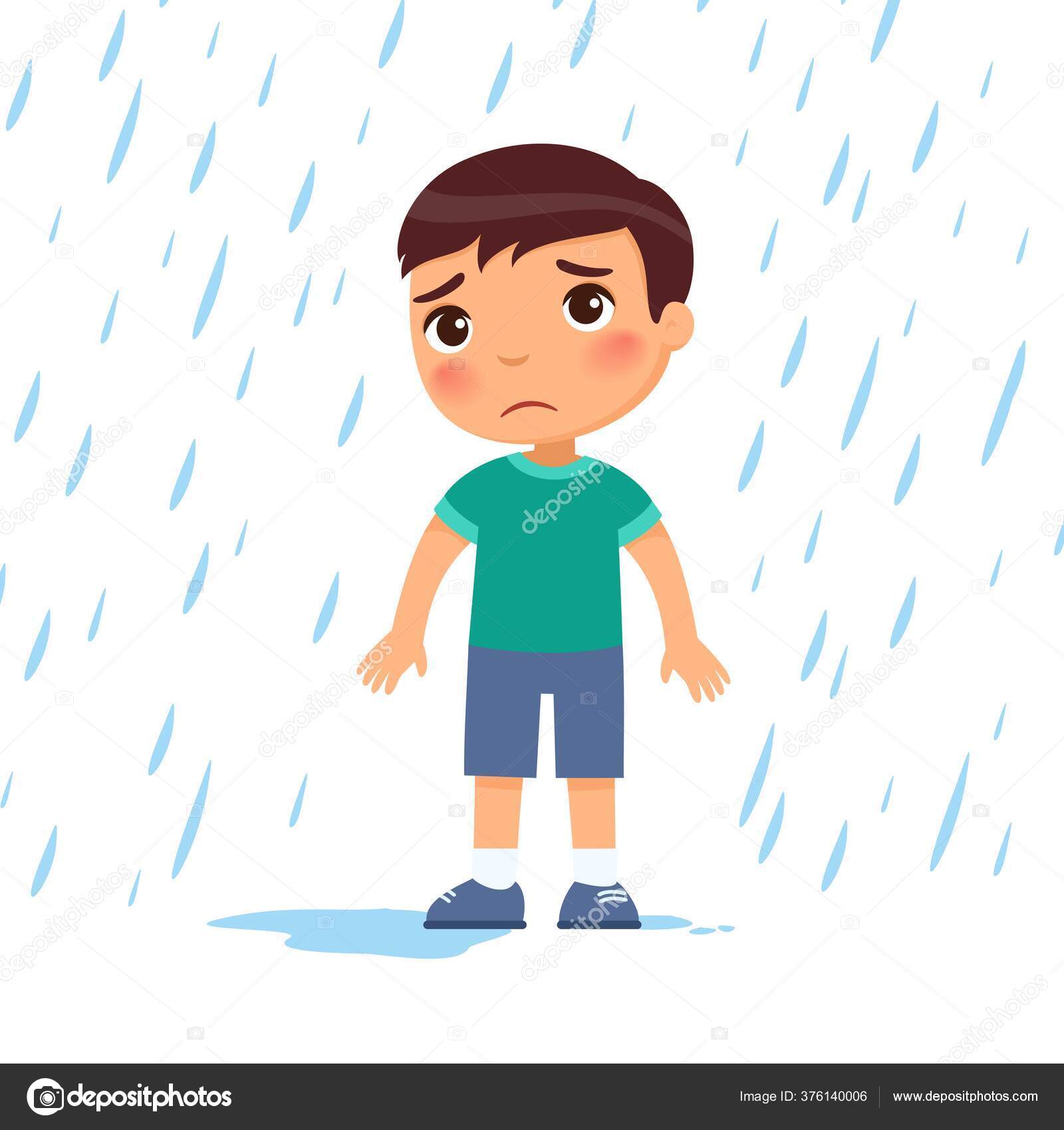 雨のフラットベクトルイラストの下で不幸な少年 悪天候の中で悲しいPreteen子 暗い髪の白人の子供は 下に濡れる  白い背景に孤立した漫画のキャラクター ストックベクター ©ValinMalin 376140006, image size:1600x1700