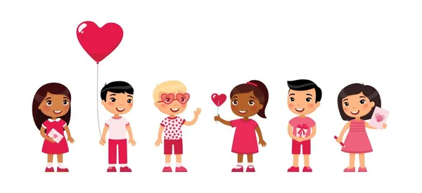 Niños Niñas Citas Celebrando San Valentín Ilustración Vectorial Plana Día — Vector de stock