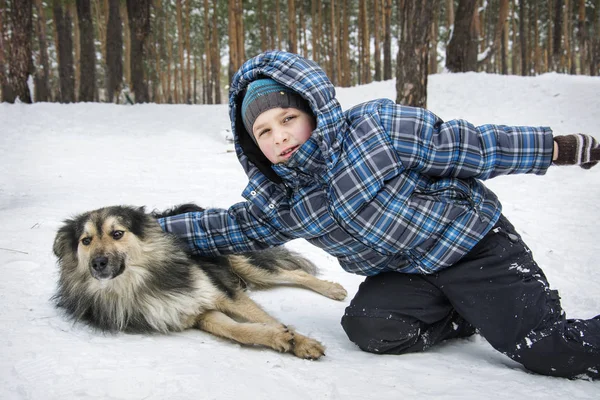 Vinter i skogen liten pojke leker med en hund. — Stockfoto
