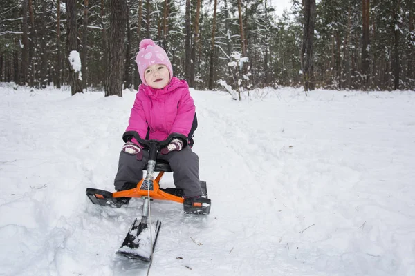 Winter im Wald kleines Mädchen reitet auf Schneekatzen. — Stockfoto
