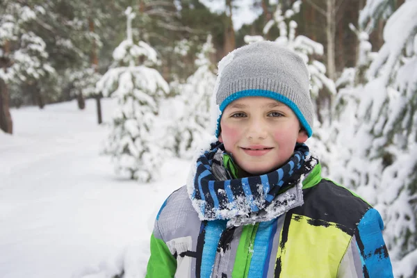 På vintern, snötäckta tall skog en pojke stående i snön. — Stockfoto