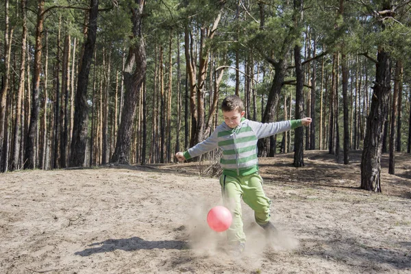 Día soleado de verano en el bosque niño patea el pie de la pelota, alrededor de un — Foto de Stock