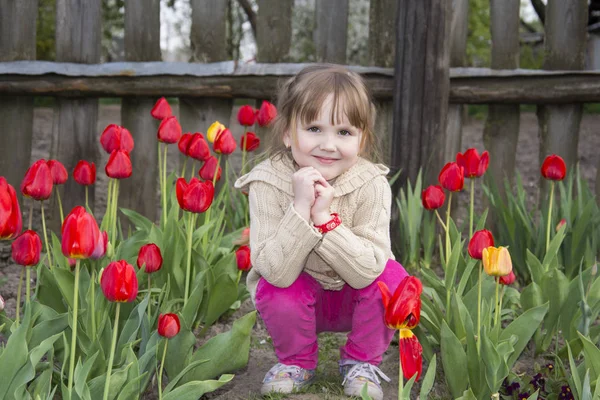 Primavera nel giardino di una bella bambina seduta vicino a tul — Foto Stock