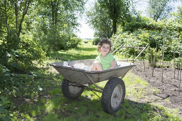 Frühling im Garten in einer Schubkarre sitzt ein kleines lockiges Mädchen. — Stockfoto