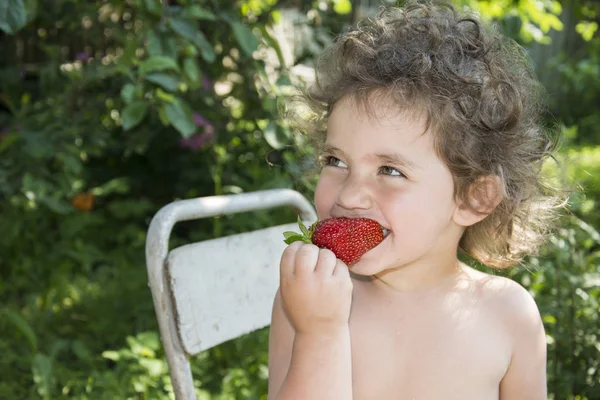 In the summer in the garden a little funny girl eats strawberrie — Stock Photo, Image
