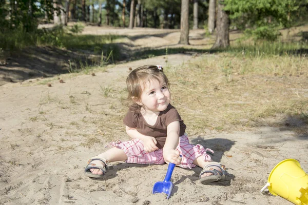 Im Sommer gräbt ein kleines Mädchen in einem Kiefernwald eine Schaufel. — Stockfoto