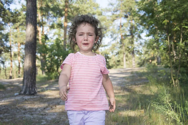 Летом в лесу маленькая девочка кричит и плачет . — стоковое фото