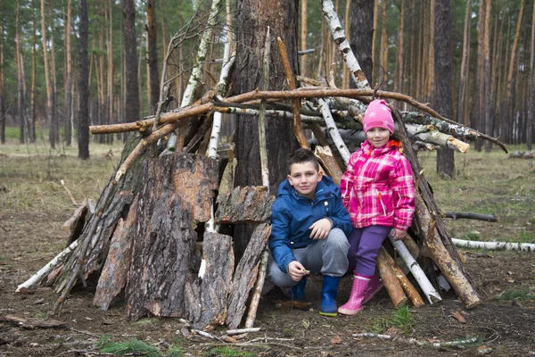 In the spring in a pine forest, a brother with a small sister bu — Stock Photo, Image