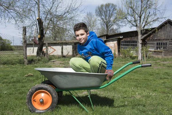 Na primavera há um menino na carroça no quintal . — Fotografia de Stock