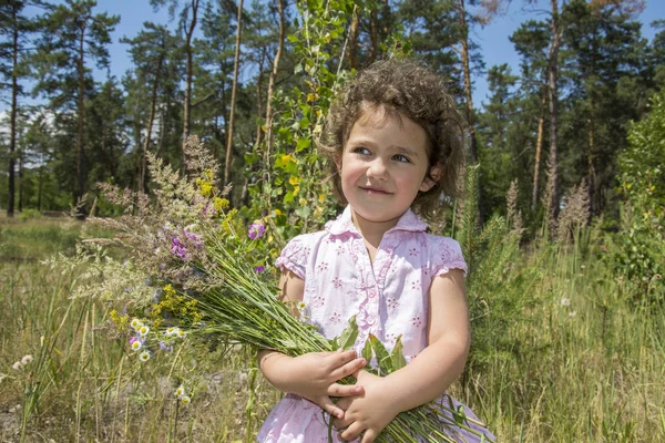 In the summer on the lawn the  small  curly  girl holds a bouque — Stock Photo, Image