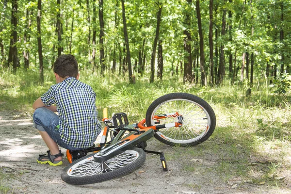 Το καλοκαίρι στο δάσος ένα μικρό αγόρι που είναι αγανακτισμένοι κάθεται σε ένα bicy — Φωτογραφία Αρχείου