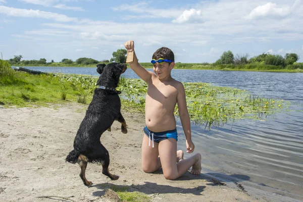 In summer, a bright sunny day on the river, the boy is trained b — Stock Photo, Image