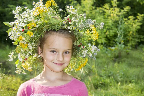 In summer, a beautiful girl in a wreath of daisies and other flo — Stock Photo, Image