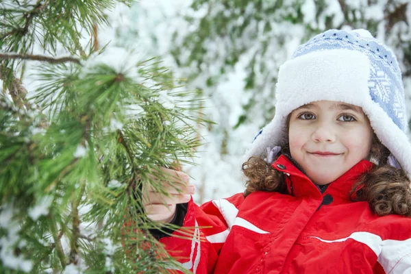 No inverno, em uma floresta, uma menina bonita pequena está perto de um pino — Fotografia de Stock
