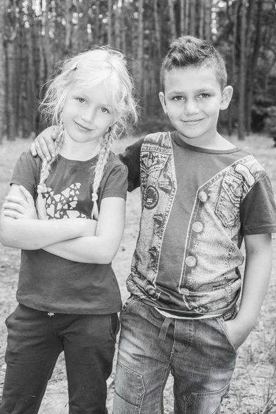 Im Sommer im Wald umarmt ein kleiner Junge das Mädchen. — Stockfoto