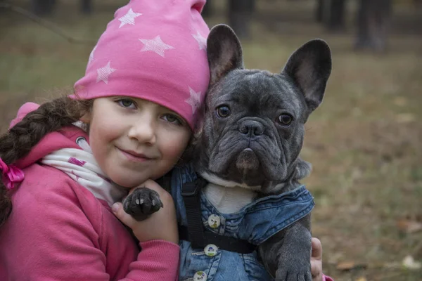No parque de outono, uma menina tem um bulldog francês em seu — Fotografia de Stock
