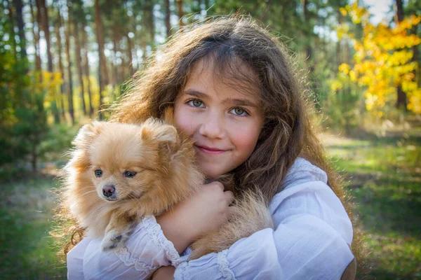 Autumn Forest Little Girl Holds Spitz Dog Her Arms — Stock Photo, Image