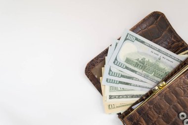 Yüz dolarlık banknotların gözetlendiği kahverengi deri bir cüzdan ve çeşitli mezhepler.