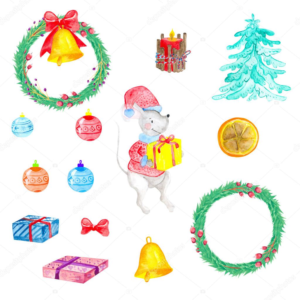 Christmas set with watercolor elements. Where there is a New Year's mouse, Christmas green wreaths.