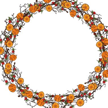 Web Vektörü Noel çelengi, turuncu mandalina, gül üzümü. Noel, Yeni Yıl konsepti.