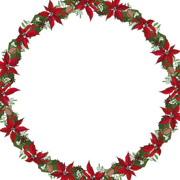 Corona de Navidad de poinsettia y nueces y muérdago, sobre un fondo blanco. Decoración de Navidad en blanco. Vector EPS 10 . — Vector de stock