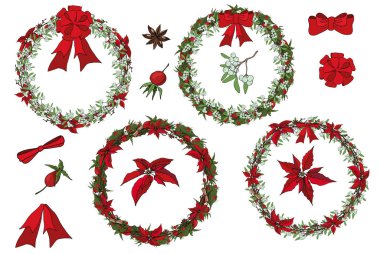 Yılbaşı fırçaları, çelenkler, elementler. Kırmızı noktalar, tarçın ve ökseotu, gül kalçası, fındık, pamuk tozu, dal, beyaz arka planda fiyonklar. Beyaz üzerine Noel süslemesi. Vect