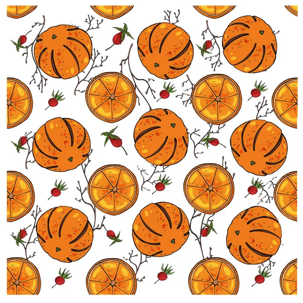 Dallardan, turuncu mandalinalardan, gül üzümlerinden oluşan web vektör Noel kare deseni. Noel, yeni yıl konsepti. Kartpostalların, çerçevelerin, duvarların, kumaşların tasarımı için.