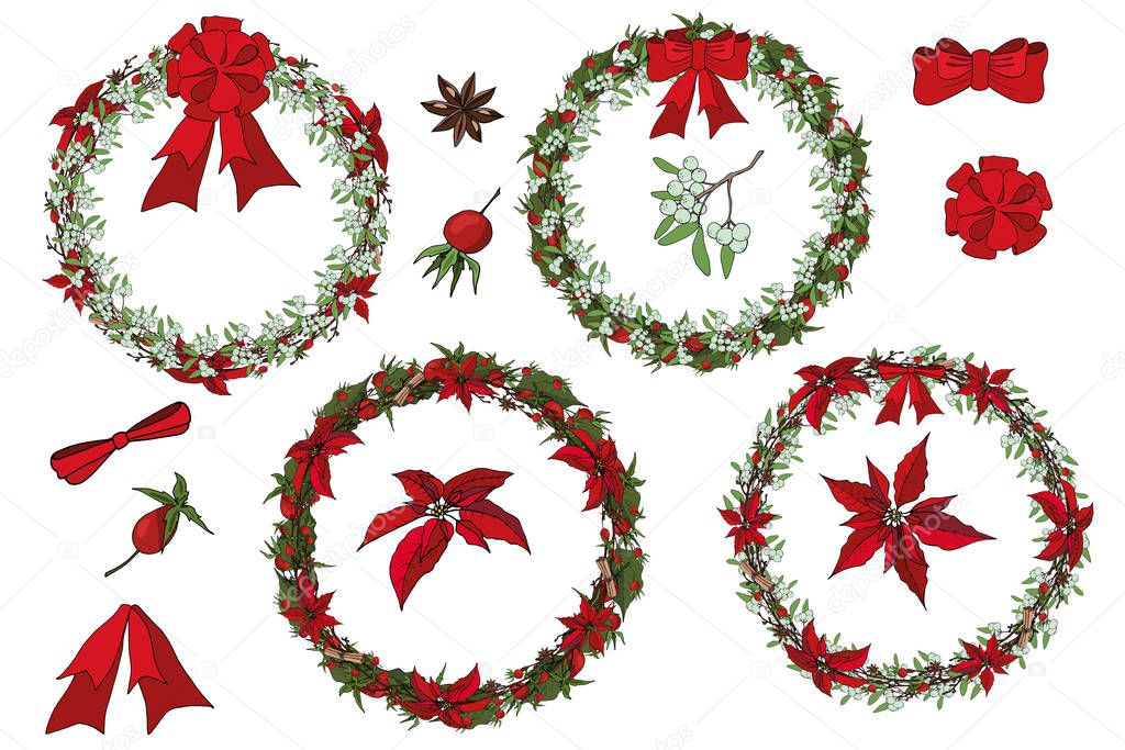 Vector Christmas set of brushes, wreaths, elements. From red poinsettia and cinnamon and mistletoe, rose hip, nuts, cotton bolls, twigs, bows on a white background. Christmas decoration on white. Vect