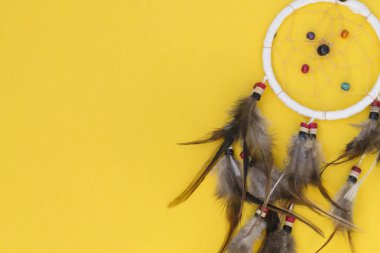 Sarı arka planda kahverengi tüylü düş kapanı. Metin için bir yer var.