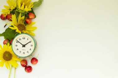 Sonbahar arkaplanı. Sarı ayçiçeği, kırmızı elma ve çalar saatin sınırı. Okul konsepti, uygun beslenme.