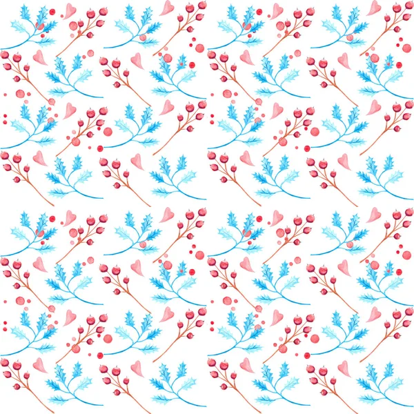 Bezproblemowy wzór świąt. Niebieski i czerwony akwarelowy liść poinsetia i ręcznie rysowane gałązki. — Zdjęcie stockowe