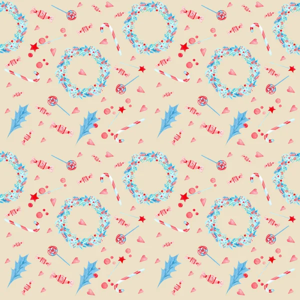 Seamless christmas pattern. Round christmas wreaths. Blue and red watercolor poinsetia leaves and hand-drawn twigs.