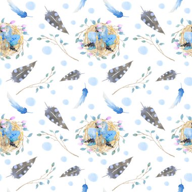 Beyaz arka planda kuş yumurtaları, dallar ve tüylerle suluboya çizimler yapan kusursuz bir desen. Dekorasyon için paskalya arkaplanı. Bahar, tatil konsepti.