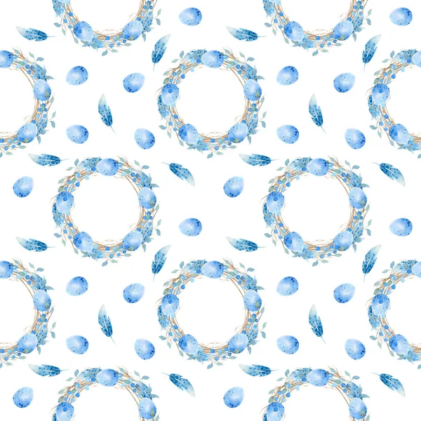 Nahtloses Muster Mit Aquarellzeichnungen Eines Blauen Osterkranzes Mit Vogeleiern Zweigen — Stockfoto