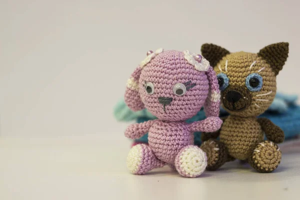 Amigurumi Ροζ Λαγός Και Καφέ Γάτα Κάθεται Ένα Λευκό Φόντο — Φωτογραφία Αρχείου