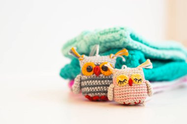 İki küçük renkli el yapımı baykuş oyuncağı beyaz bir arkaplanda oturuyor. Amigurumi. Bulanık renk arkaplanı. Metin için bir yer var