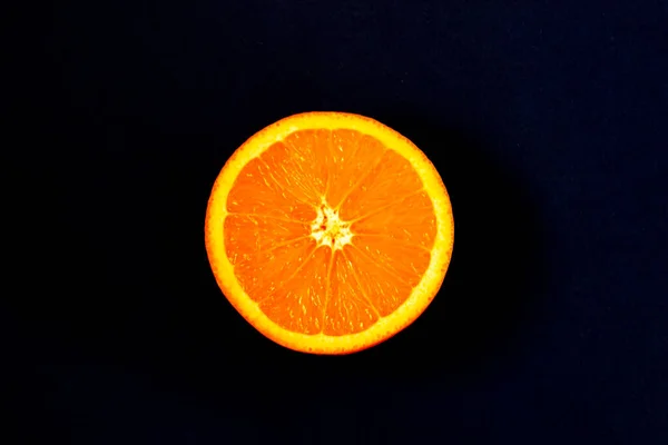 Fresh Sliced Orange Lies Black Background Tropical Fruits Chalk Board — Stock Photo, Image
