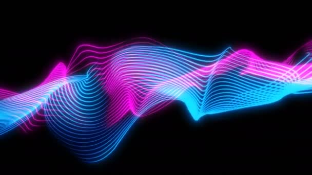 由发光的未来霓虹灯线构成的可弯曲的发光蓝色和紫色波浪形背景 Fps — 图库视频影像